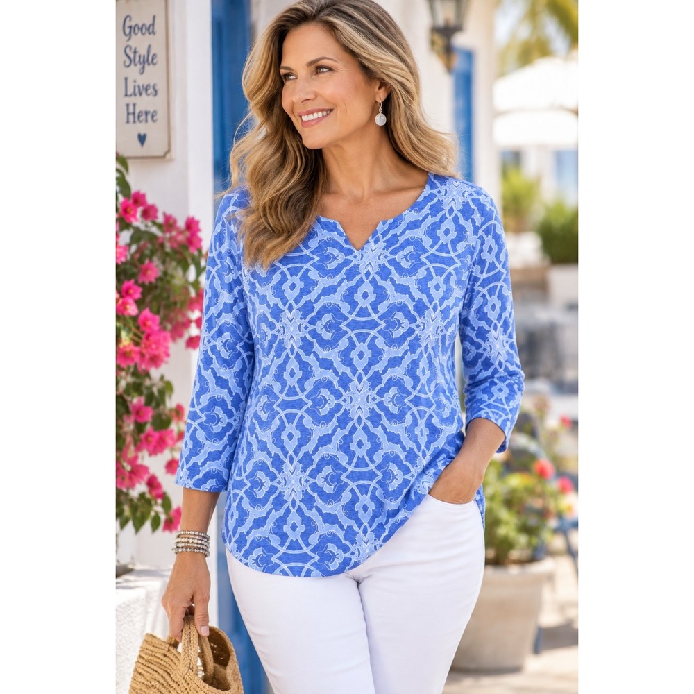 CHICO'S Womens 2 (Large) 3/4 Sleeve Artisan Floral Tunic Top Stretch Casual